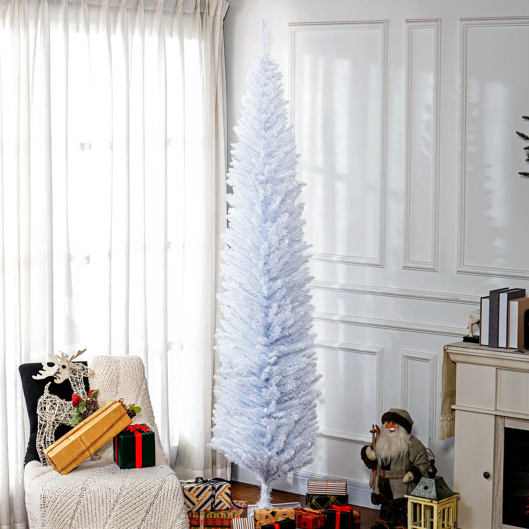8ft Tall Unlit Slim White Artificial Christmas Tree Pencil Shape 618 Branch Tips Plastic Base for Home Office Entryway Hallway Easy Storage