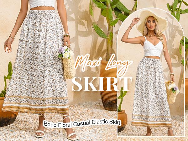 Women's 2025 Boho Floral Skirt Casual Elastic High Waist Maxi Skirts Flowy A Line Beach Long Skirt with Side Pockets