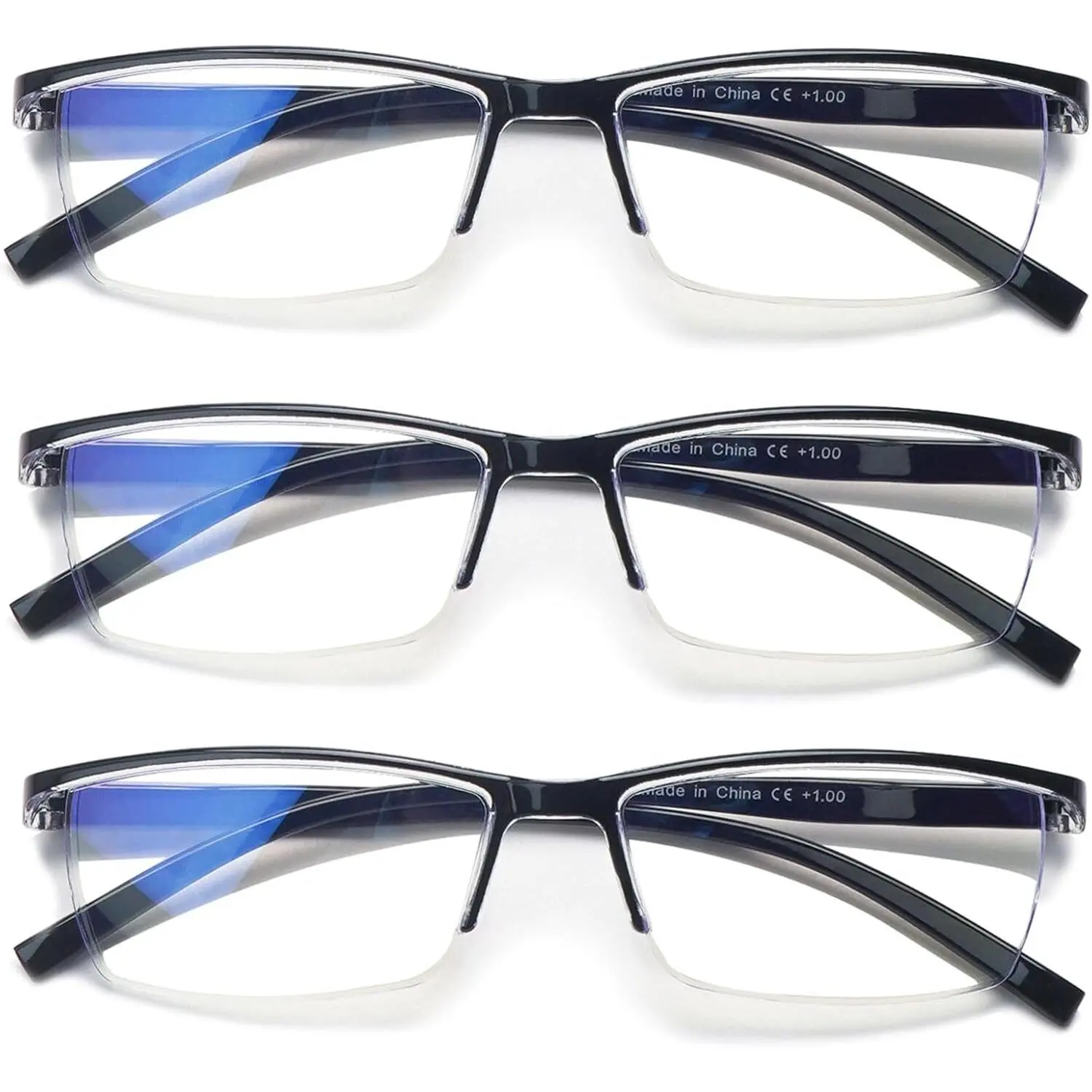 ZOELEAD Unisex 3-Pack High Quality Eyewear - Semi-Rimless Rectangular Black Plastic Reading Eyeglasses, Blue Light Blocking Resin Lenses, Spring Hinges, 1.0x/1.75x Unisex Fit Lightweight Durable Glasses for Reading, Work