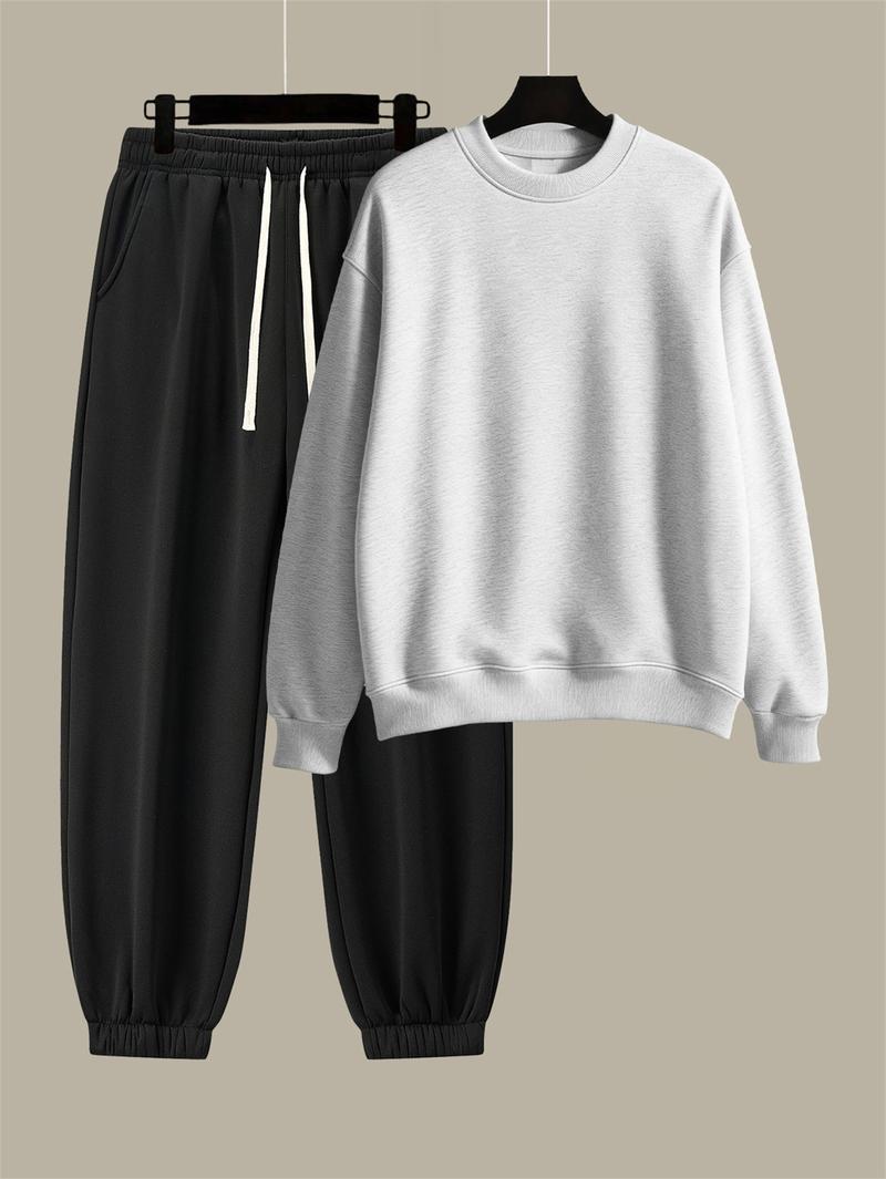 Men's Cotton Solid Color Casual Tracksuit Set Loose Fit Crew Neck Sweatshirt with Matching Jogger Pants for Fall Winter Comfortable Menswear Outfit for Outdoor Activities Sporty Commute Fitness and Relaxed Everyday Wear