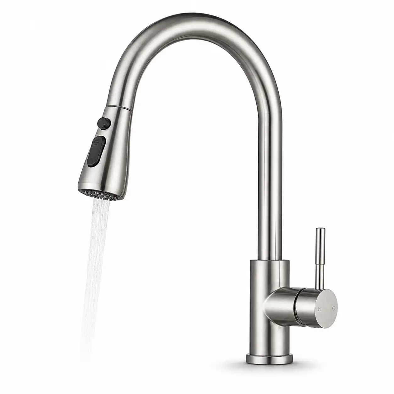 WSA Pull Down Kitchen Faucet with Sprayer, Brushed Nickel Stainless Steel Sink Faucet, High Arc Single Handle, 1 or 3 Hole with Deck Plate, Lead-Free Modern Faucet for Farmhouse RV Laundry Bar