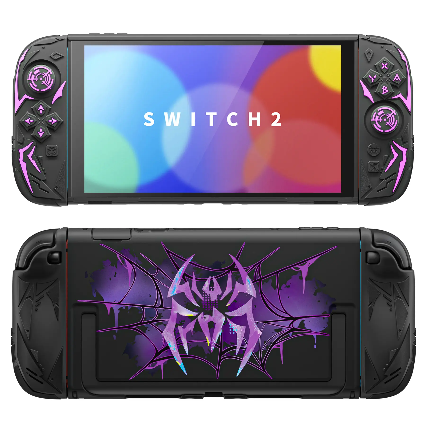 PlayVital Cyber Spider & Stellar Mecha Protective Case for Nintendo Switch 2 (2025 Version) - Console Accessories, Ergonomic Anti-Slip Silicone Grip Covers, Dockable Shock-Absorbing Shell Softens Drops, with Joystick Cap - Black
