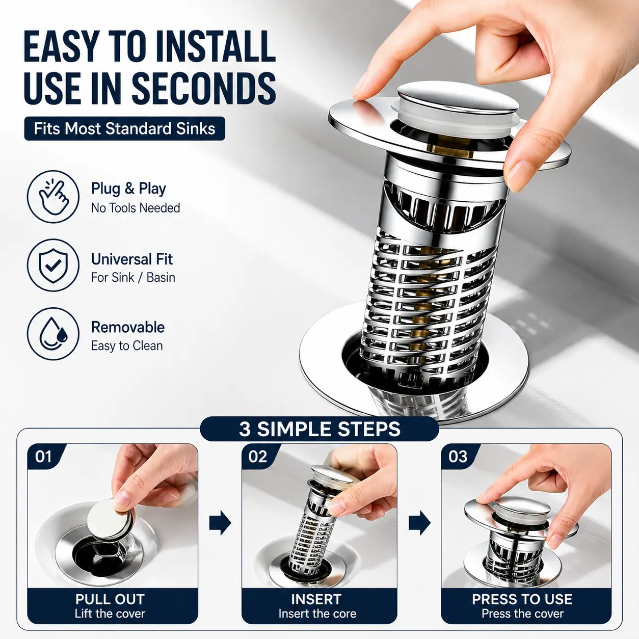 2-Pack Bathroom Sink Drain Stopper Set - Stainless Steel Pop-Up Drain Filter, Hair Catcher Basket, Anti-Clog, Easy Clean (1-Pack Option Available)