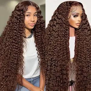 Bling Hair 13x4 Chocolate Brown Water Curly Lace Front Wig #4 Colored Human Hair Wigs Pre Plucked Deep Wave 13X6 Lace Frontal Wig For Black Women