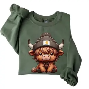 Baian - Highland Cow Sweatshirt - Cute Cow Design, Long Sleeve, Green, Western Crewneck, Casual Tops for Men, Cow Gifts, Gift for Holiday