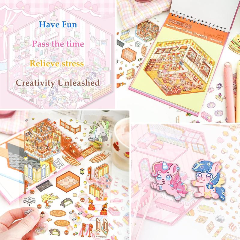 20 Sets DIY Miniature 3D Sticker Scene Book, Sticker Therapy Scenes Collection Book for Adults Stress Relief Pass The Time, Make Your Own House Miniature Cute Cartoon Animal Isometric Scene Funny Stickers