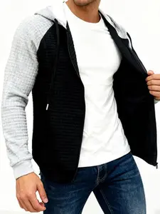 Menswear Quilted Contrast Raglan Long Sleeve Zip-Up Hoodie with Kangaroo Pocket - Stylish Mens Tops, Casual Sweatshirts, Modern Layer