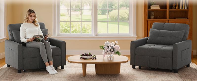 Gizoon Convertible Sofa Bed, 3-in-1 Multi-Functional Sleeper Chair Bed, Adjustable Backrest Recliner with Modern Linen Fabric for Living Room, Bedroom, Apartment Furniture, Small Space