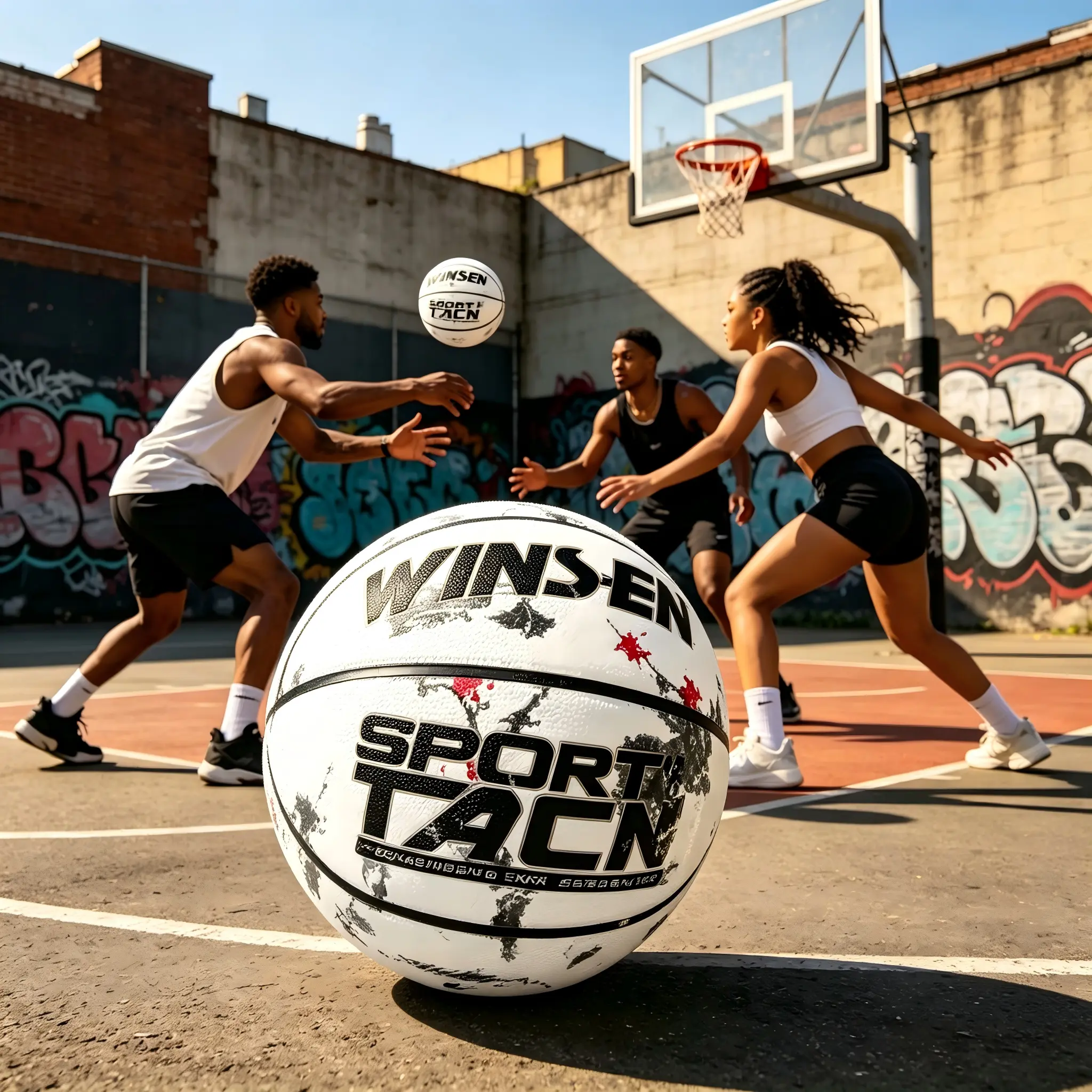 Premium White TACN Graffiti Sport Basketball, Wear-Resistant, Deep Channels, Strong Bounce, Professional Streetball Ball for Backyard Park Pickup Games, Gift for Basketball Lovers, Good Bounce