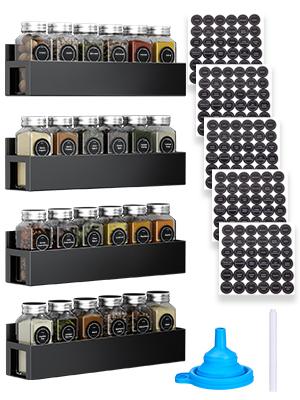 4 Pack Magnetic Spice Rack with 28 Spice Jars, Spice Labels, Chalk Marker and Funnel Set, Magnetic Spice Organizer Shelf for Refrigerator, Microwave, Seasoning Organizer for Kitchen