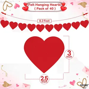 Pack of 40 Felt Red Heart Garland for Valentines Day Decorations, No DIY | Valentines Garland for Proposal Decorations | Valentines Decor, Wedding Decorations | Romantic Night Decorations