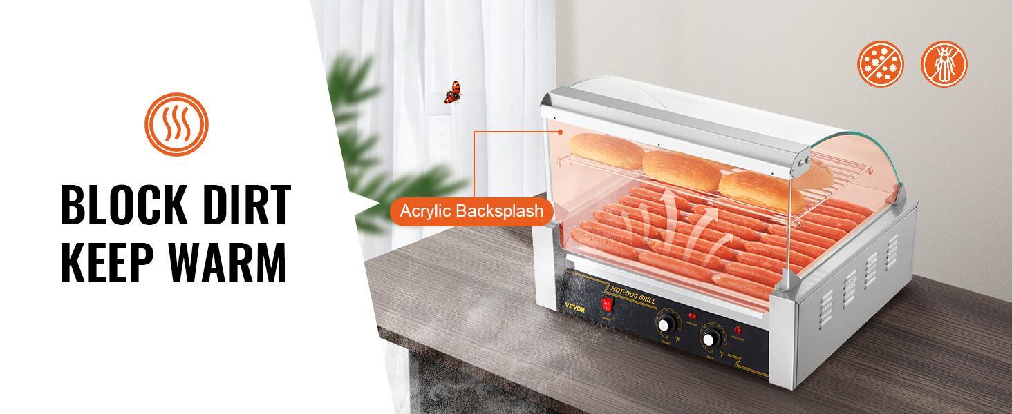 VEVOR Hot Dog Roller,  , 11 Rollers 30 Hot Dogs Capacity, 1650W Stainless Sausage Grill Cooker Machine with Dual Temp Control Glass Hood Acrylic Cover Bun Warmer Shelf Removable Drip Tray, ETL Certified