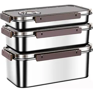 3pcs/Set Large Stainless Steel Food Storage Containers With Lids For Kitchen Picnic Travel Durable Leak-Proof Design Vacuumable, Rectangle L