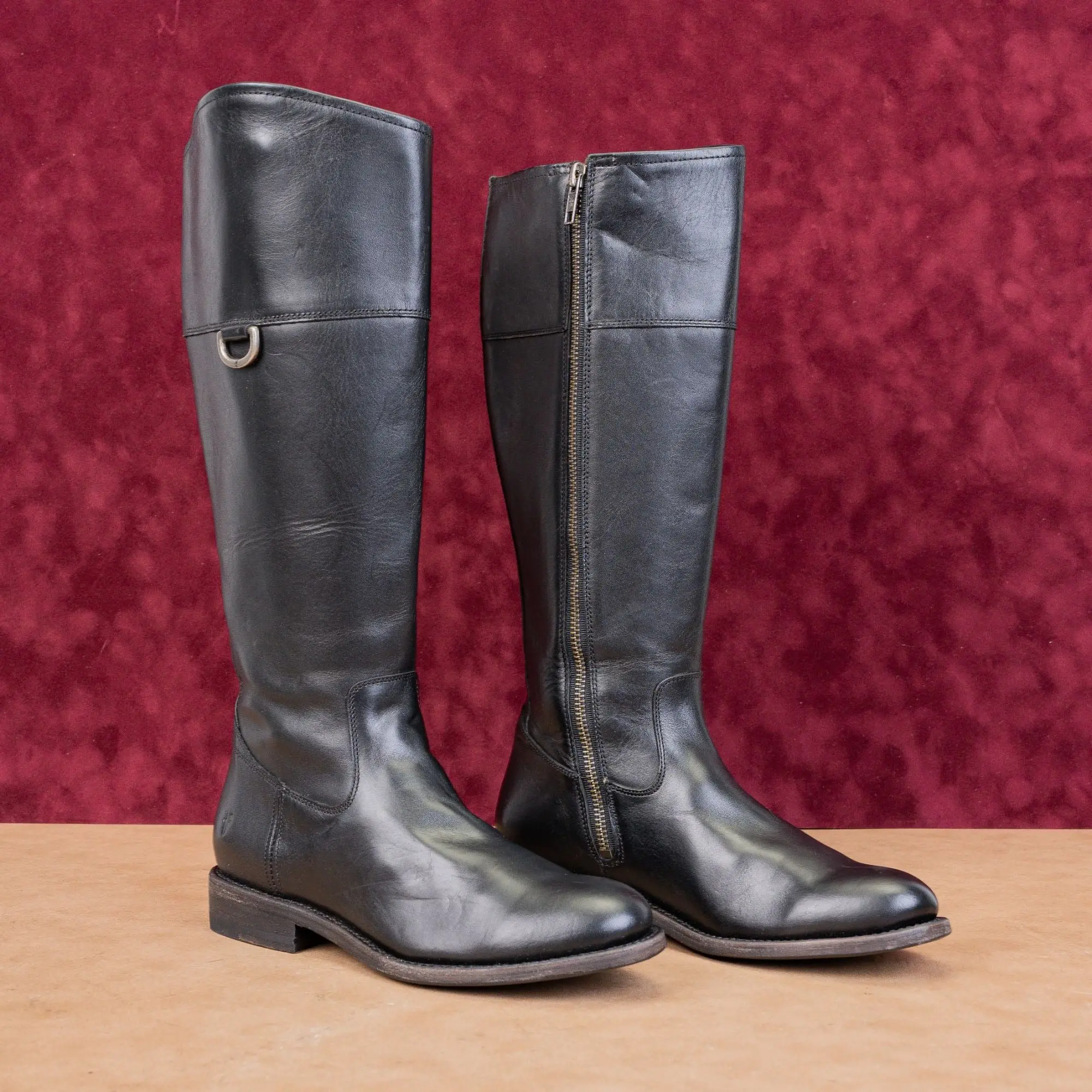 Frye Women Melissa D Ring Black Leather Zip Riding Equestrian Tall Boots sz 6.5
