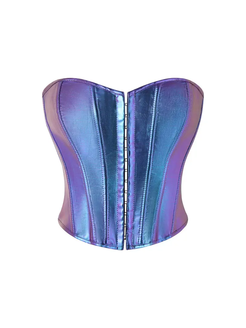 Holographic Purple Corset with White Laces Bandeau Structured Detail Curved Hem Lace Up Back Corset Top  main image 2