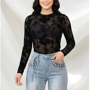 Karla Top-Sheer Top floral pattern, Rhinestone detailing . Top long sleeve 95%polyester 5% Spandex