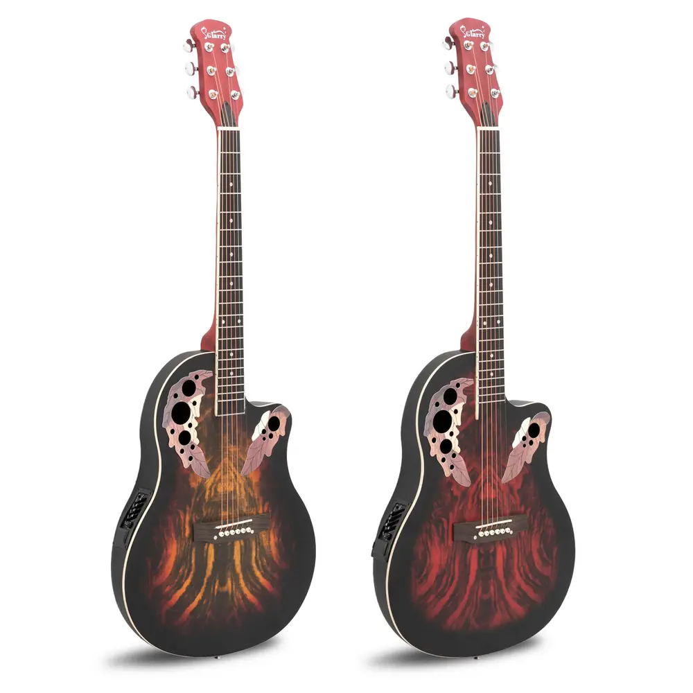 41 in Full-Size Cutaway Acoustic-Electric Guitar for Beginners - Spruce Top, Grape Soundhole, Round Back, Sunset Red Finish, Durable Wood Body, Steel Strings, Tuning Pegs, USB Audio Interface, USB Audio Mixer, 20 Frets, 2 lbs, ABS Plastic, Batteries, 25",