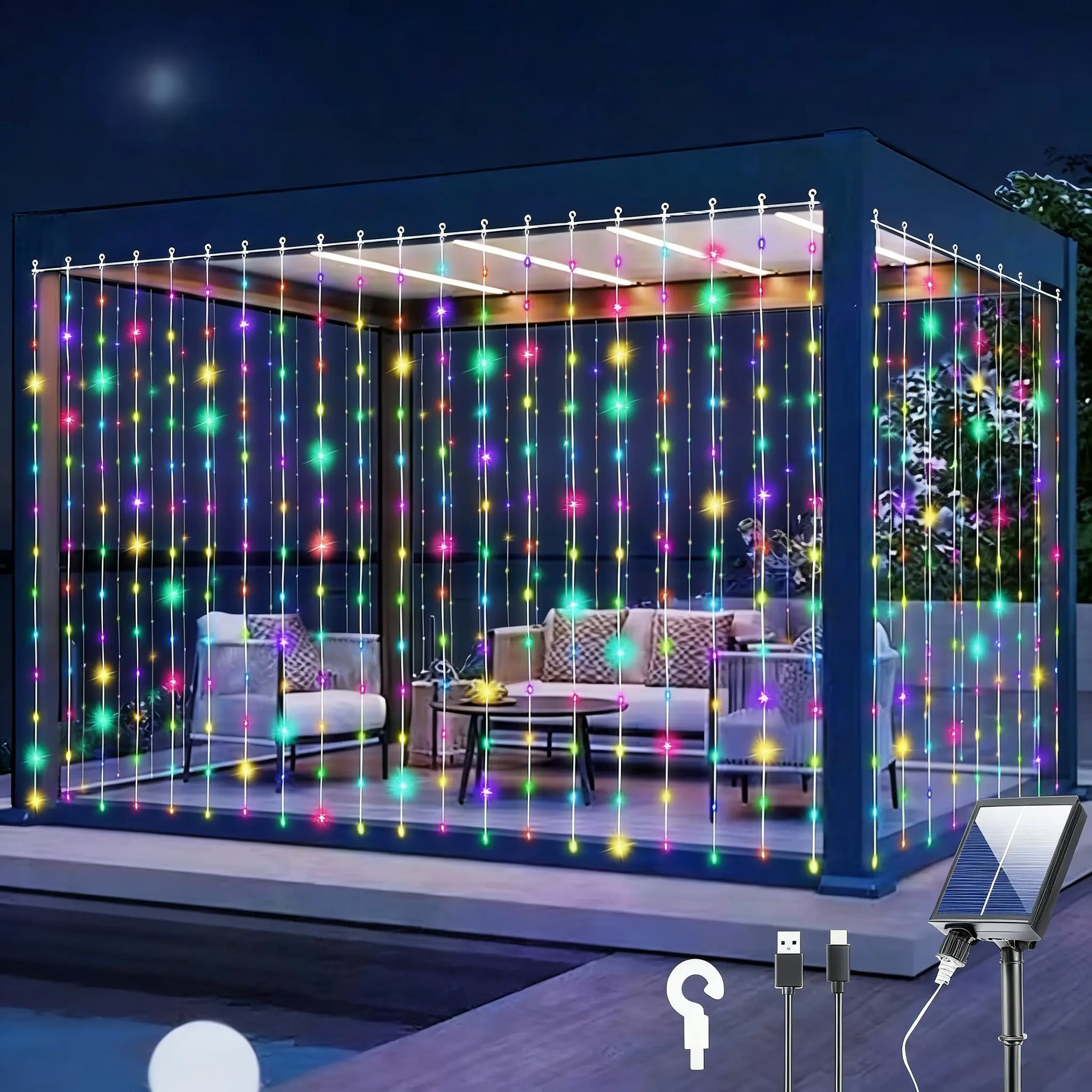 Upgraded Solar Curtain Lights 300 LED Outdoor Waterfall String Lights Waterproof 8 Modes Remote Type C Charging Hanging Twinkle Fairy Lights Dimmable for Christmas Gazebo Party Wedding Window