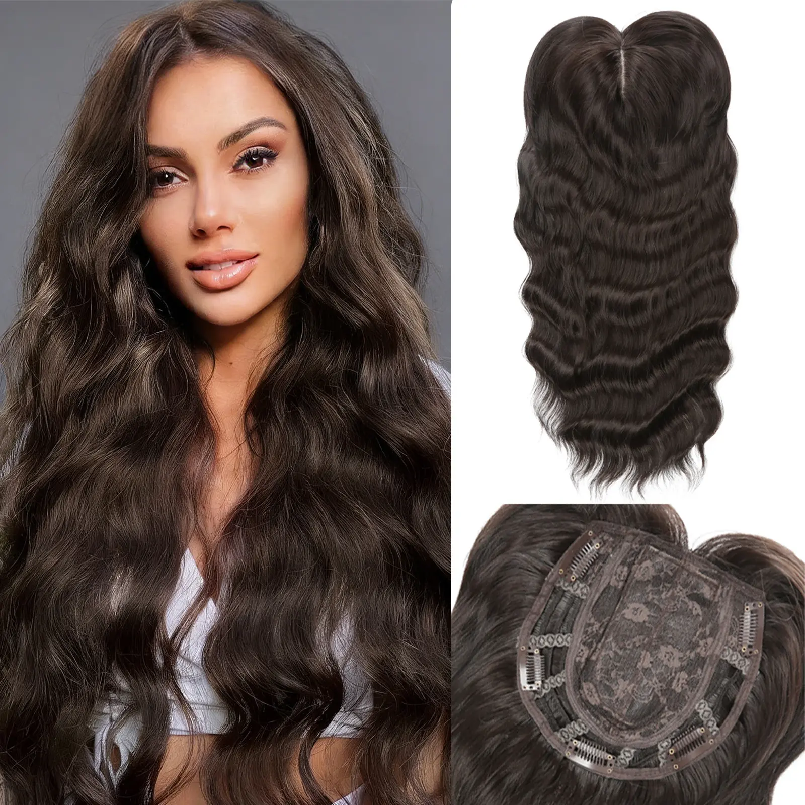 Auvzy Hair Black Brown Toppers for Women with Thinning Hair, 18 Inch Toppers Hair Pieces for Women Wispy Part Clip in Bangs 360° 3D Curly Synthetic Hairpieces Synthetic Soft Hair for Women