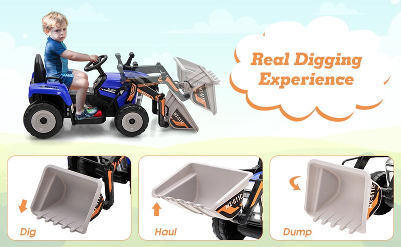 Costway Ride On Excavator/ Road Roller/Tractor, 12V Kids Ride on Car w/ Remote Control, Horn, Music/Lights/Spring Suspensions, Ride On Tractor for Boys Girls