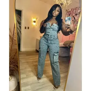 2-piece set of women's multi pocket jeans work pants jumpsuit sexy women's strapless elegant denim casual work pants