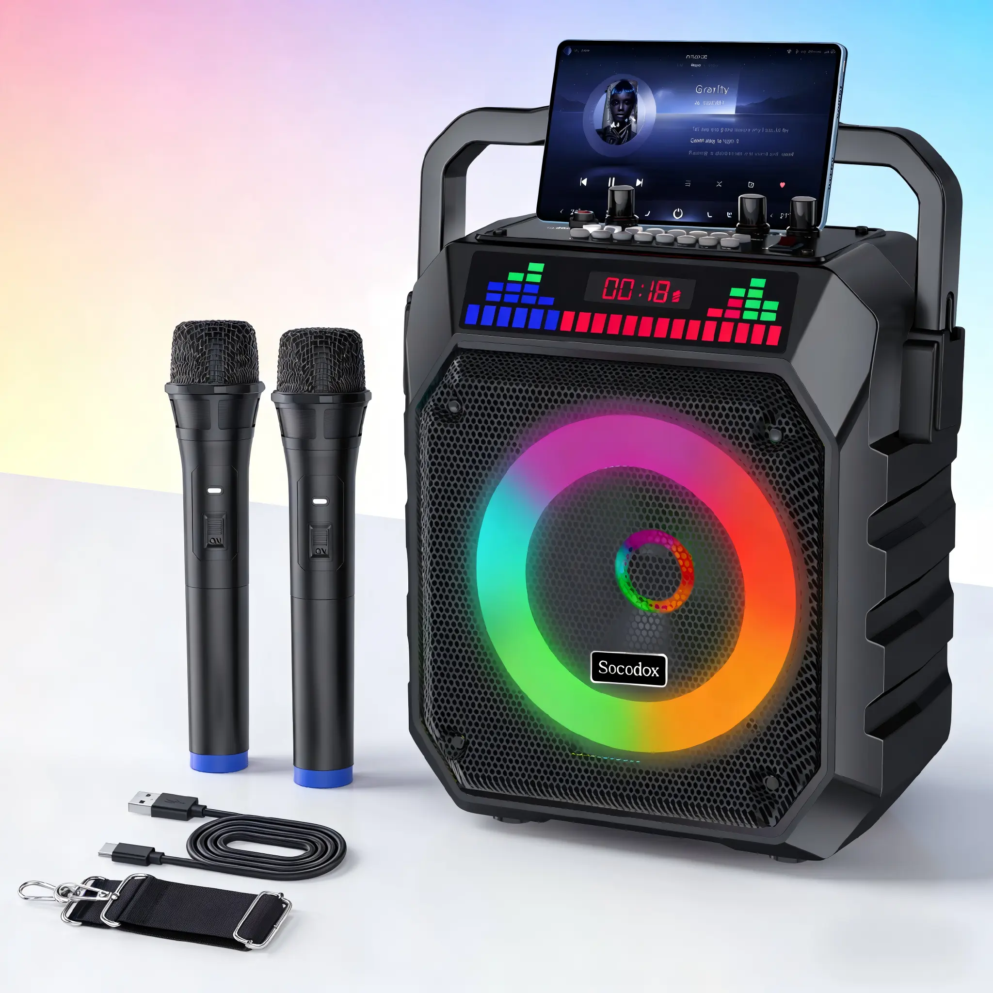 Socodox Portable Karaoke Machine with 2 Wireless Microphones, Bluetooth 5.2 Bluetooth Speakers, RGB Lights, AUX/USB/TF Ports, Compact Handle Sound System, Streaming Home PA Speaker Bluetooth for Family Party, Birthday Gift