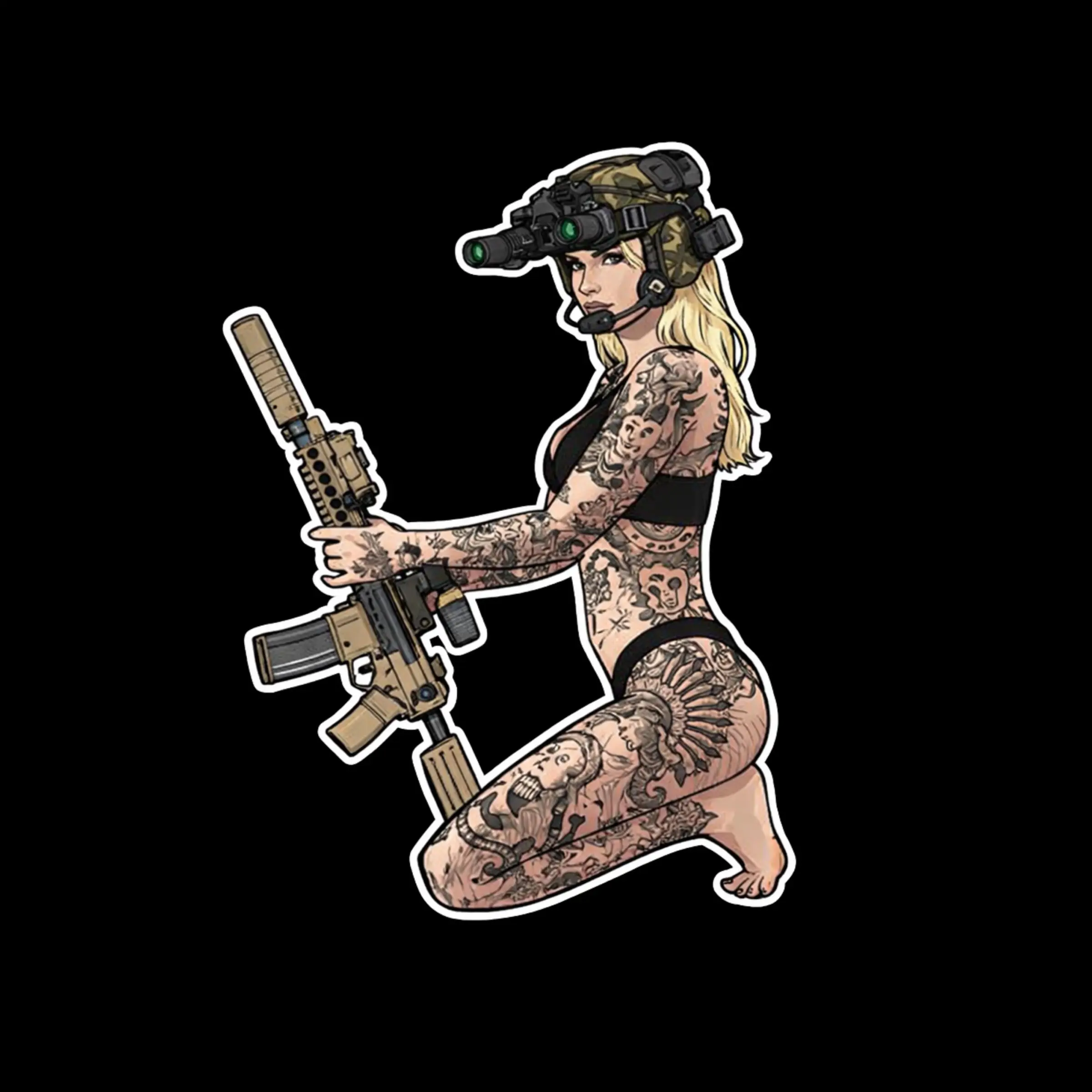 Tactical Girl Night Vision Sticker, Sniper Babe with Rifle Art