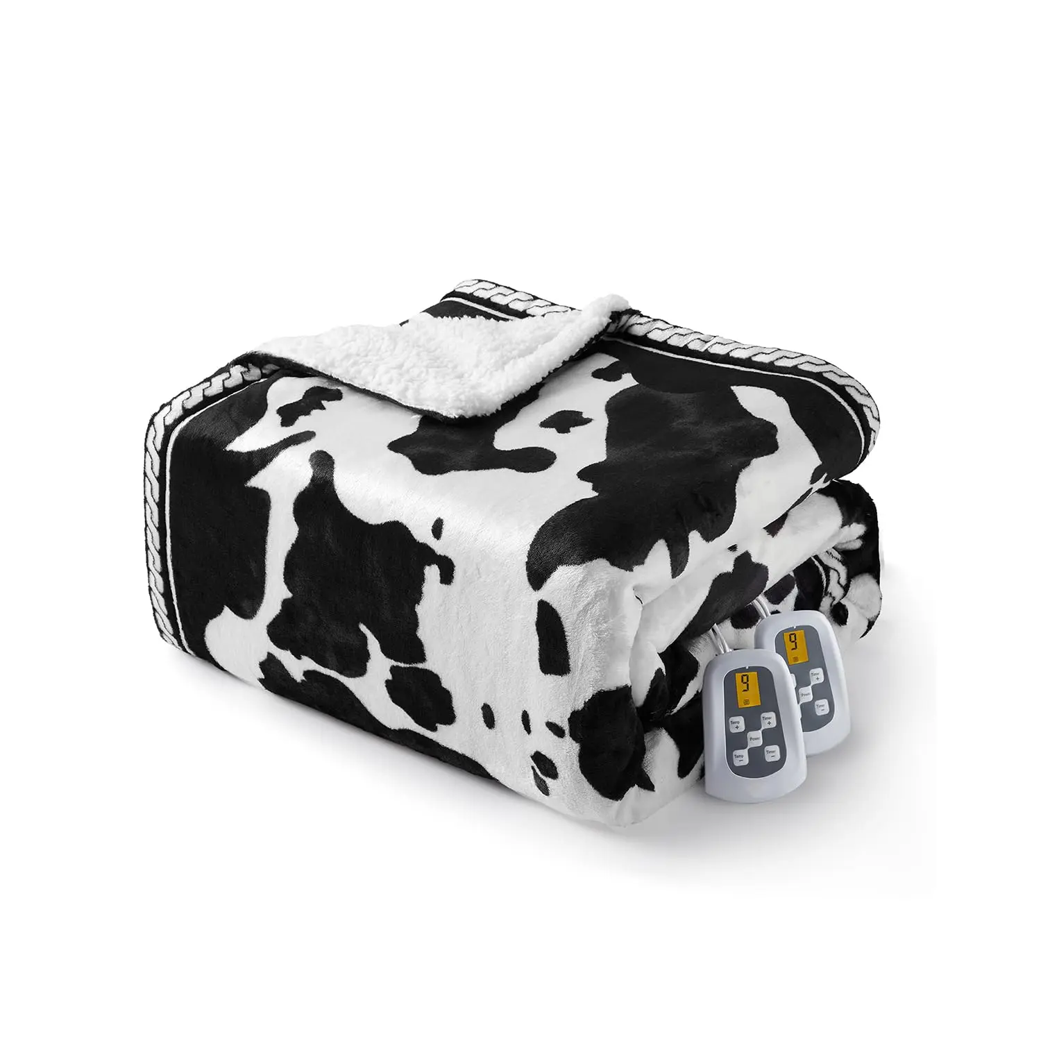 84" x 90"Heated Electric Blanket with LCD Dual Controller, Cow Print Heating Blankets, 10 Heat Levels & 1-12H Time Settings, Machine Washable, Fast Heating,Black and White