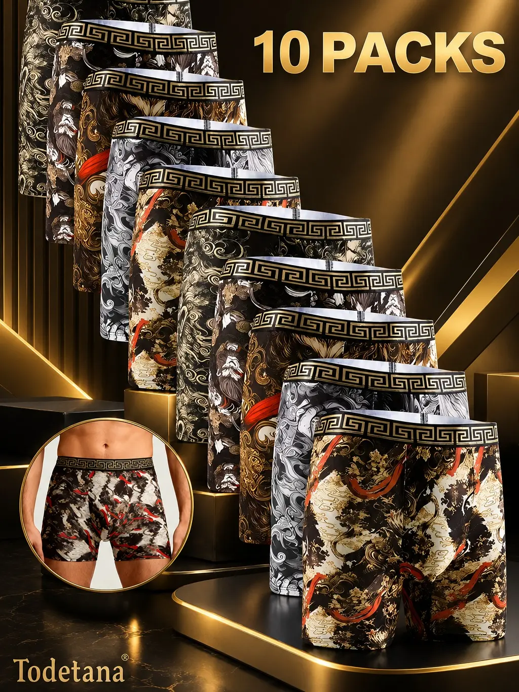 10-Pack Men’s All-Over Print Boxer Briefs, Soft Lightweight Breathable Underwear, Fashion Printed Boxers for Daily Wear