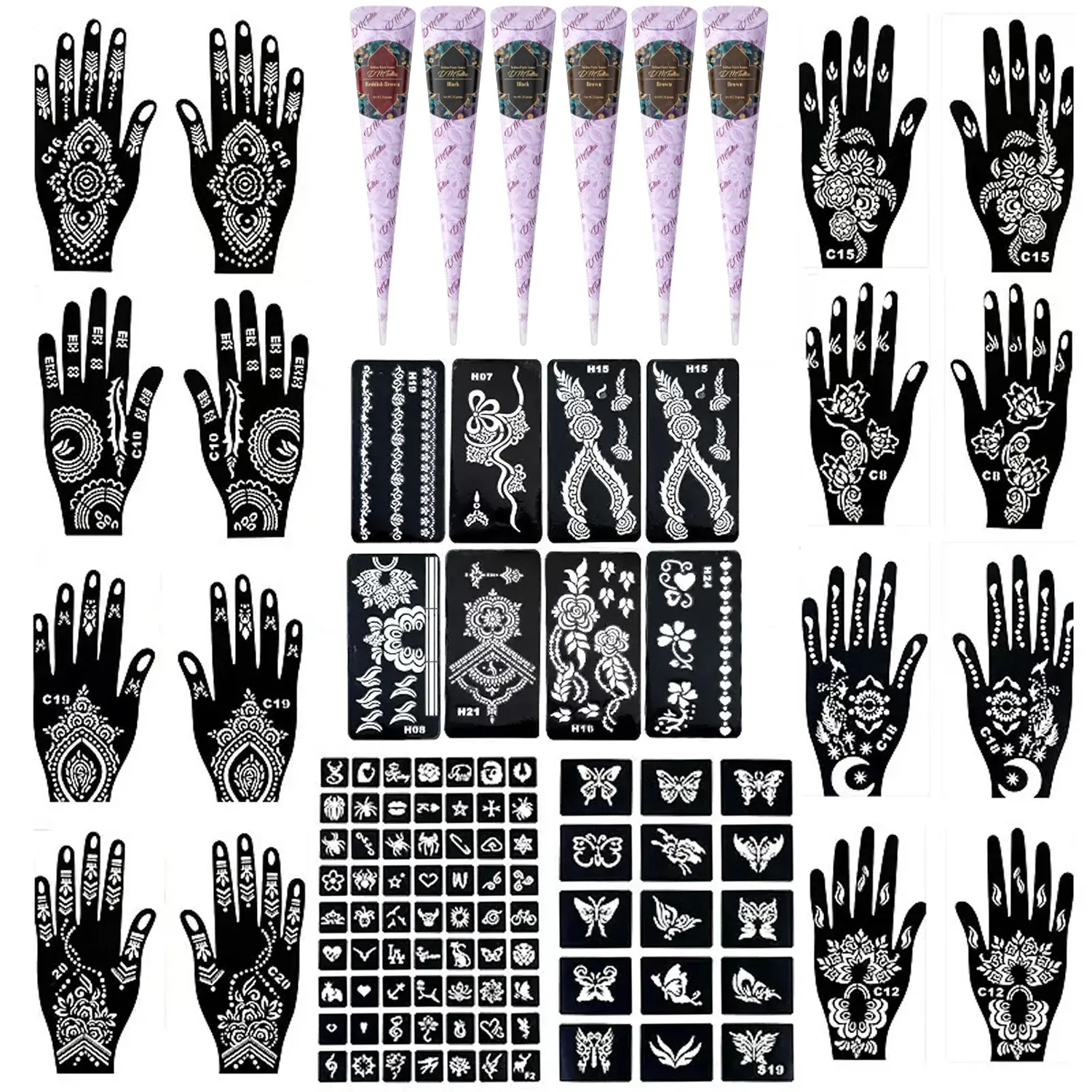Henna Plant Tattoo Paste Kit with Small Tattoo Stencils, Henna Designs, Temporary Waterproof Body Art, Long-Lasting, Unisex Tattoo Templates, Easy for Beginners