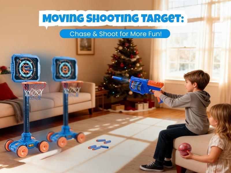 Joycat Sport Toys, 2-in-1 Shooting & Basketball Toy for Kids, Adjustable Height Auto-Moving Shooting Target with Music, Outdoor Indoor Game Compatible with Nerf Gun for Kids, Birthday Chrisrmas Gifts for Boys