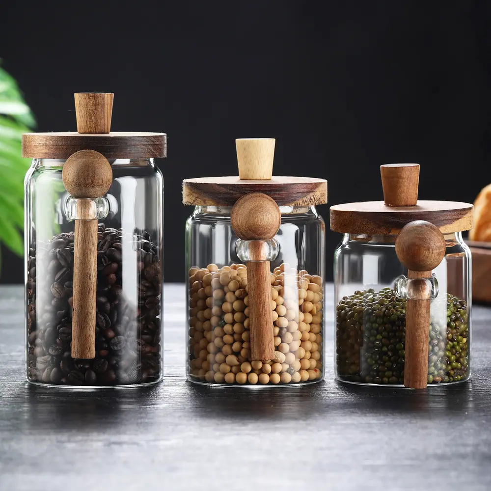 Glass storage jars with lids, grain storage jars—perfect for storing coffee beans, red beans, mung beans, and more. Ideal as kitchen spice jars or pantry storage jars. Round and transparent.
