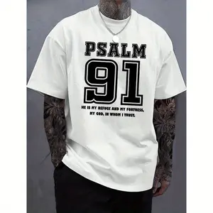 Cotton Men'S Psalm Printed Cotton T-Shirt - Casual Crew Neck, Soft And Breathable, White With Black Text, Suitable For Casual Wear,Casual Wear |     Crew Neck T-Shirt |     Soft Cotton T-Shirt Fabric Menswear Sleeve Sle Golf Gift T-Shirt For Men And W