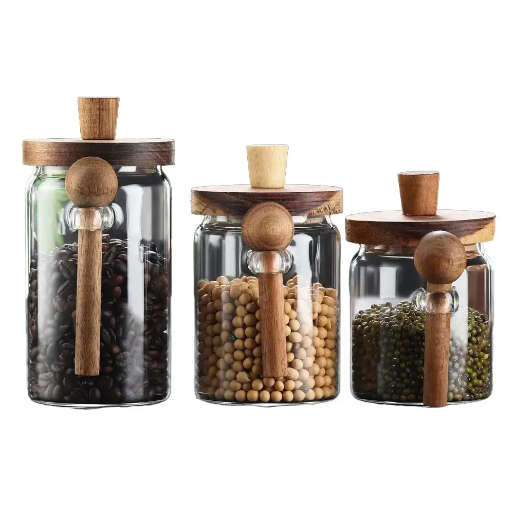 3-Piece Set—Glass Food Storage Jars with Wooden Lids and Spoons, Airtight Containers for Snacks, Kitchen Storage Jar Set, Ideal for Cereal, Cookies, and Coffee (Small/15 oz, Medium/20 oz, Large/26 oz)