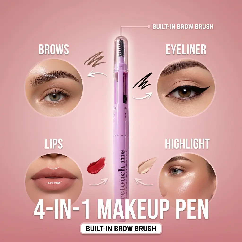 4-in-1 Makeup Pen Eyebrow Pencil Eyeliner Lip Liner Highlighter with Built-in Brow Brush Travel Makeup Tool