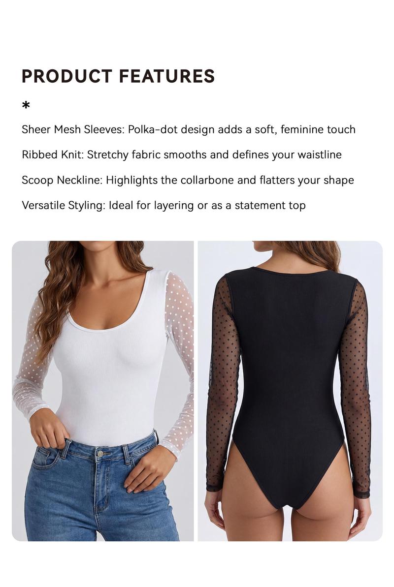 OQQ-Nine cents Women's  Bodysuits - Ribbed Round-neck Long-sleeved Top with Netted Sleeves - Sporty Casual Fashionable Sexy Style