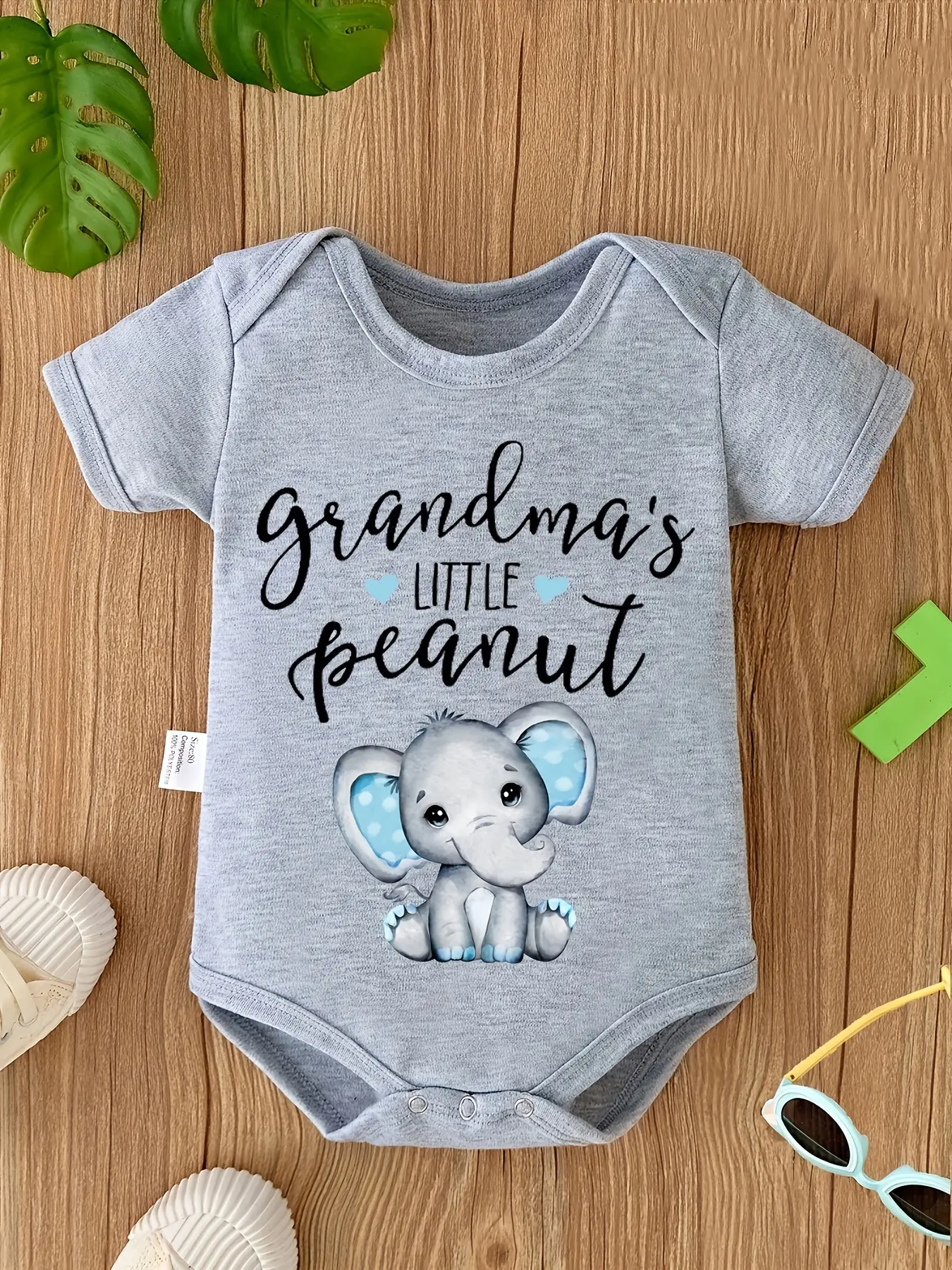 Newborn Cotton Bodysuit, Grandma's Little Peanut Elephant Letter Print Onesie for Infant Boys and Girls, Short Sleeve Fitted Crew Neck Jumpsuit