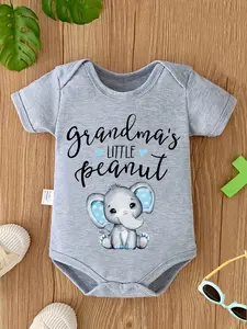 Grandma's Little Peanut Baby Bodysuit Cute Elephant Graphic Short Sleeve Cotton Infant Romper for Newborn Boys Girls
