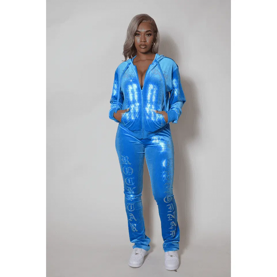 Doniqua Blue Rhinestone Velour Stacked Track Set Doniqua Blue Rhinestone Velour Stacked Track Set