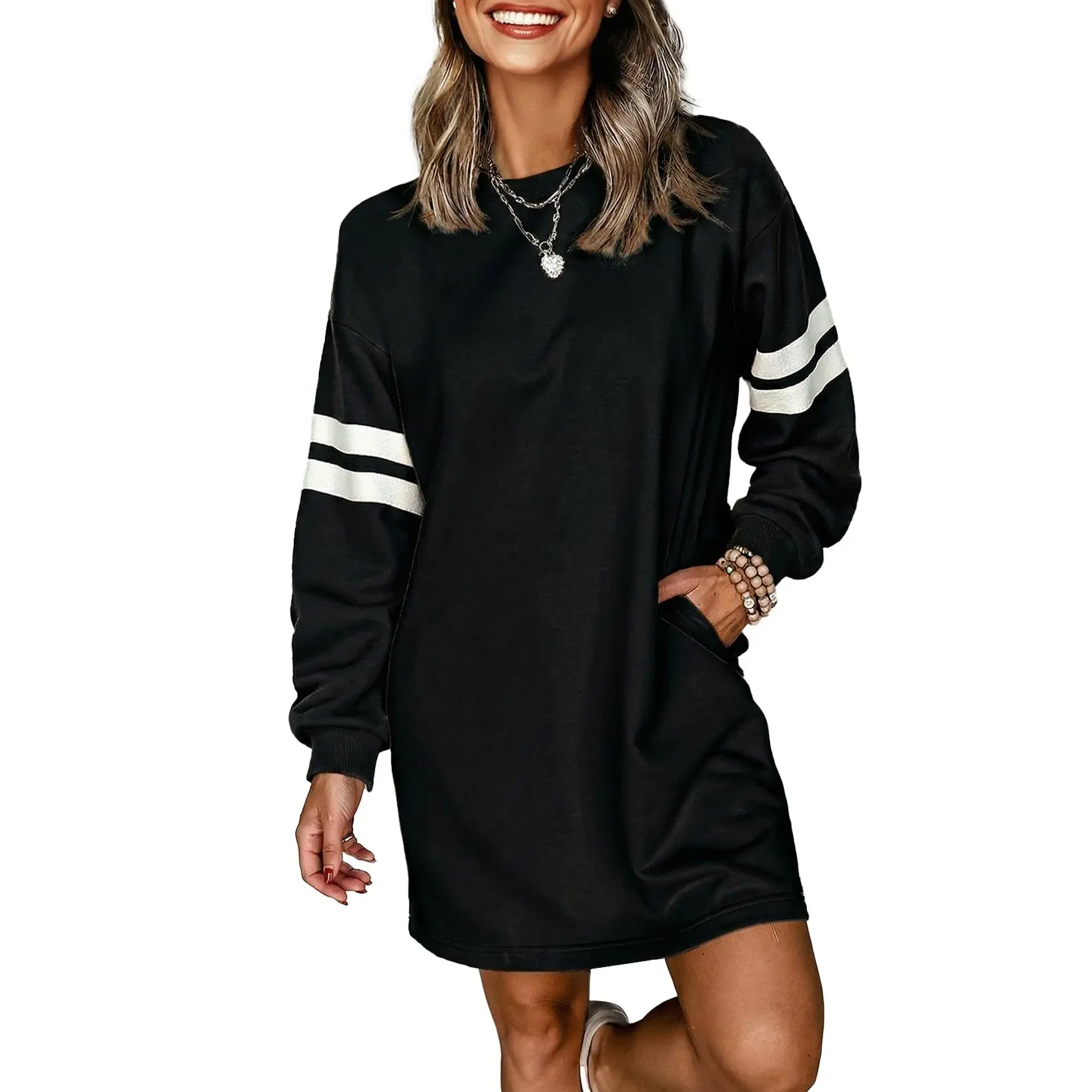 EVALESS Women's Striped Long Sleeve Sweatshirt Dress, Casual Cotton Blend High-Stretch Loose-Fit Mini Pullover with Built-in Side Patch Pockets, Round Neck, Sporty, Cold Wash, Coffee Dates