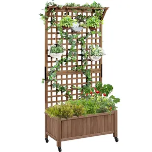 Costoffs 72" H Portable Wooden Planter with Trellis – Raised Garden Bed on Wheels, Free-Standing Planter Box for Climbing Vines, Vegetables, and Flowers