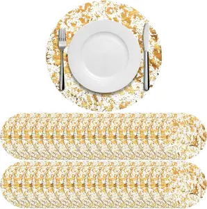 50 pcs Disposable Gold Placemats Round Foil Mesh Pressed Table Doilies Metallic Thin Mesh Table Runner for Home Decoration Dining Table Wedding Birthday Party