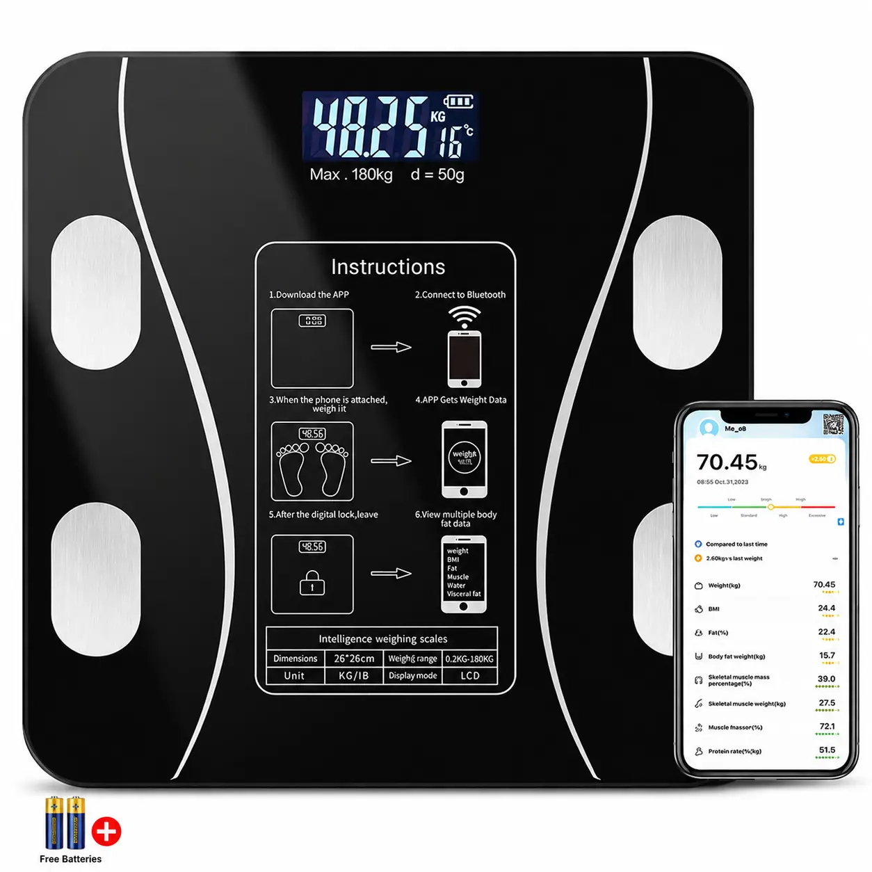 Smart Scale for Body Weight, Digital Bathroom Scale BMI Weighing Bluetooth Body Fat Scale, Body Composition Monitor Health Analyzer with Smartphone App, 400 lbs with 2 free Batteries