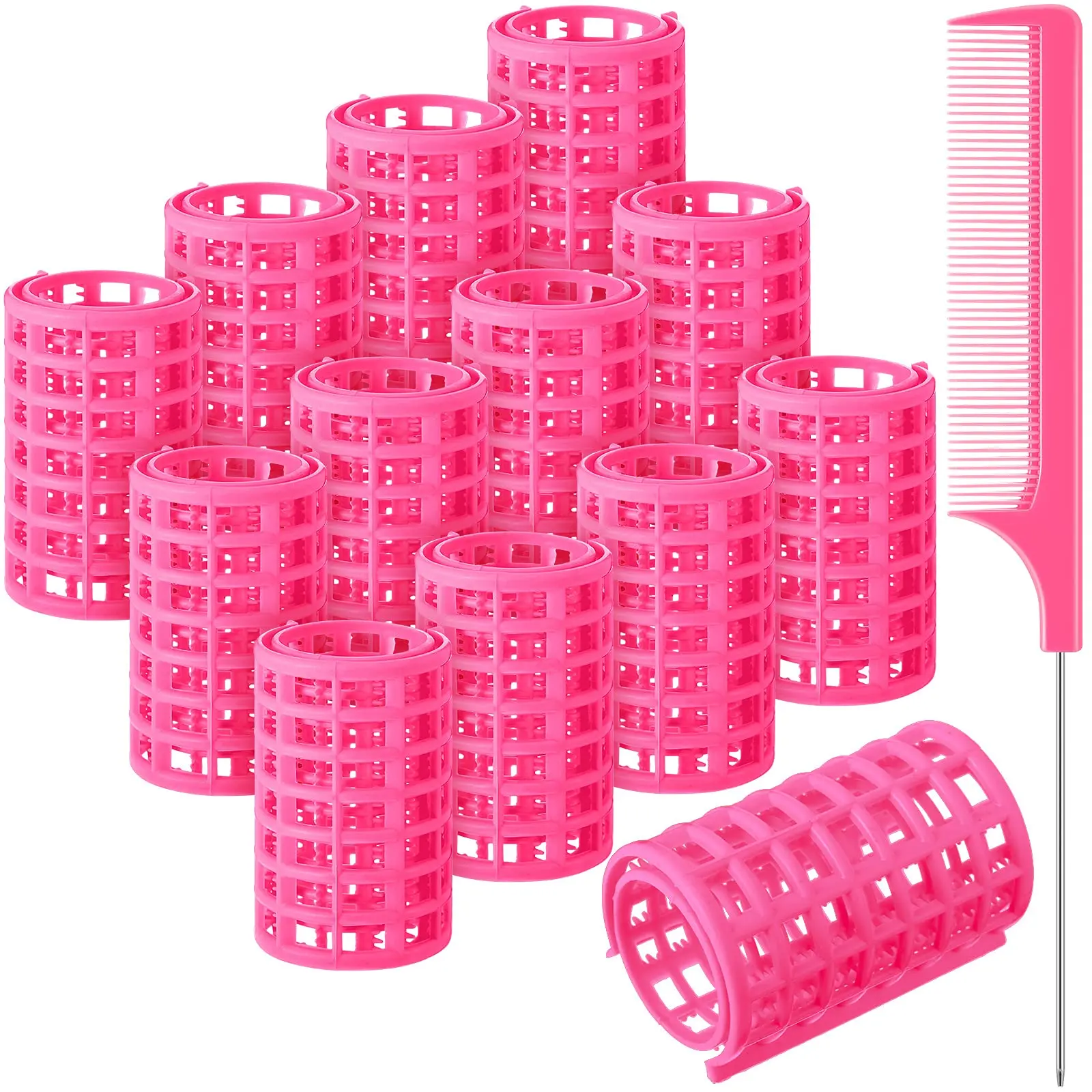 Women's 12-Pcs Plastic Large Curlers Set - 2.6x1.4in Pink Rollers with Snap Clips, Rat Tail Comb, Hair Styling Tools for All Hair Lengths & Bangs (Salon & Home Use)