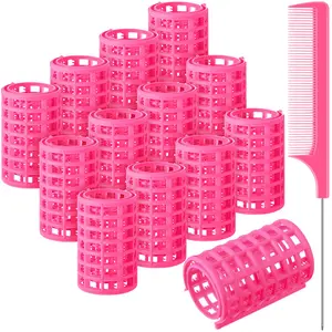 12 Pcs Plastic Hair Rollers for Women Large Size Curlers Set Snap Roller Clips with Rat Tail Comb for Long Medium Short Hair Bangs, Salon Hairdressing Styling Tool(2.6 x 1.4 Inch,Pink)