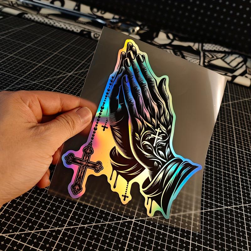 1PC Religious car sticker - Christian praying hands and cross, black gradient to purple - suitable for cars, trucks, motorcycles