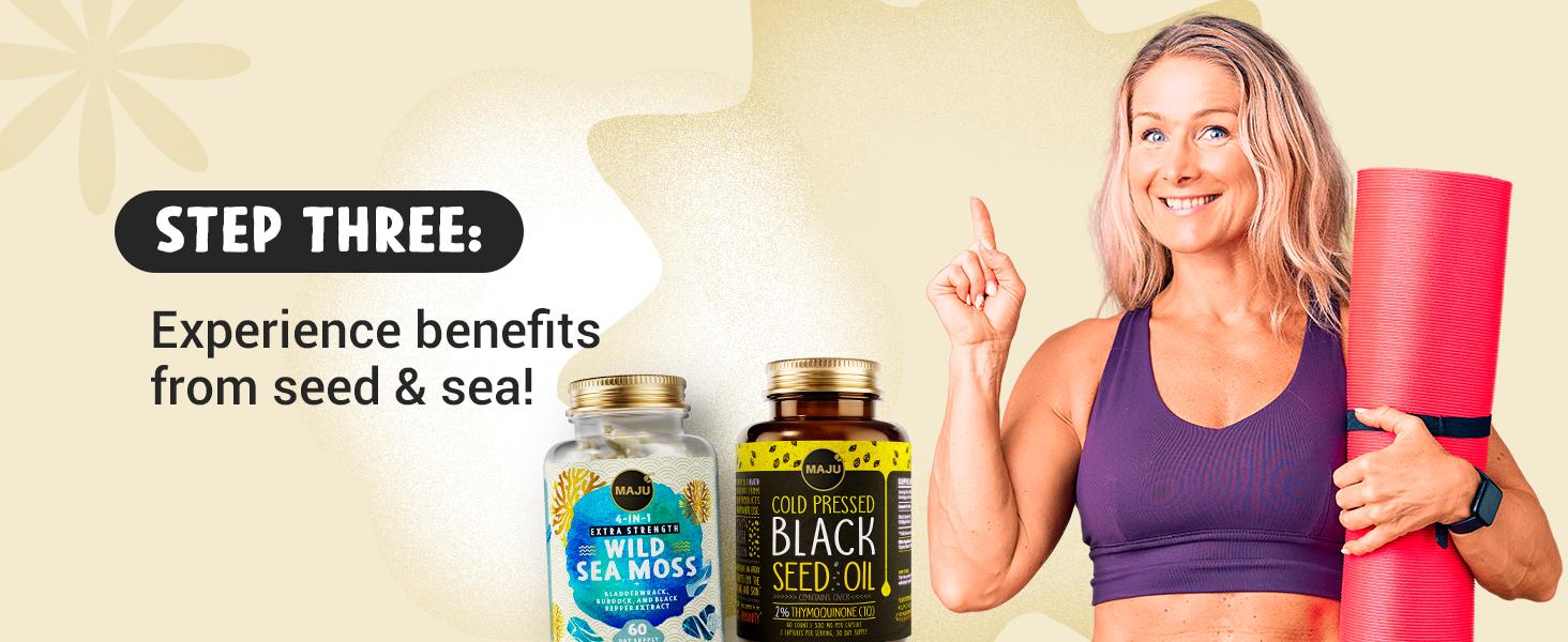 MAJU Seed & Sea Elixir Pack - Black Seed Oil Capsules (60ct) & 4-in-1 Wild Sea Moss Capsules (60ct) Edible Dietary Healthcare Fitness Supplement MAJU Seed & Sea Elixir Pack - Black Seed Oil Capsules (60ct) & 4-in-1 Wild Sea Moss Capsules (60ct) Edible Dietary Healthcare Fitness Supplement
