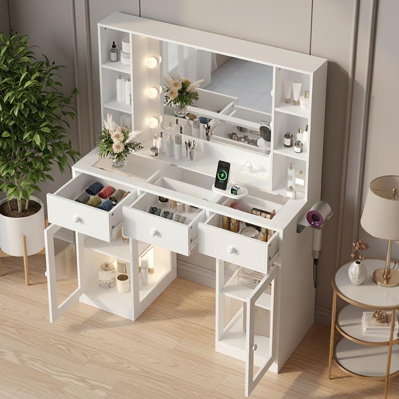 Ktaxon Vanity Table with RGB Lights & 3-Tone Dimmable Bulbs - Glass Top Dresser with 3 Drawers, 2 Glass Doors & 2 Side Shelves | Built-in Power Strip, Hair Dryer Holder
