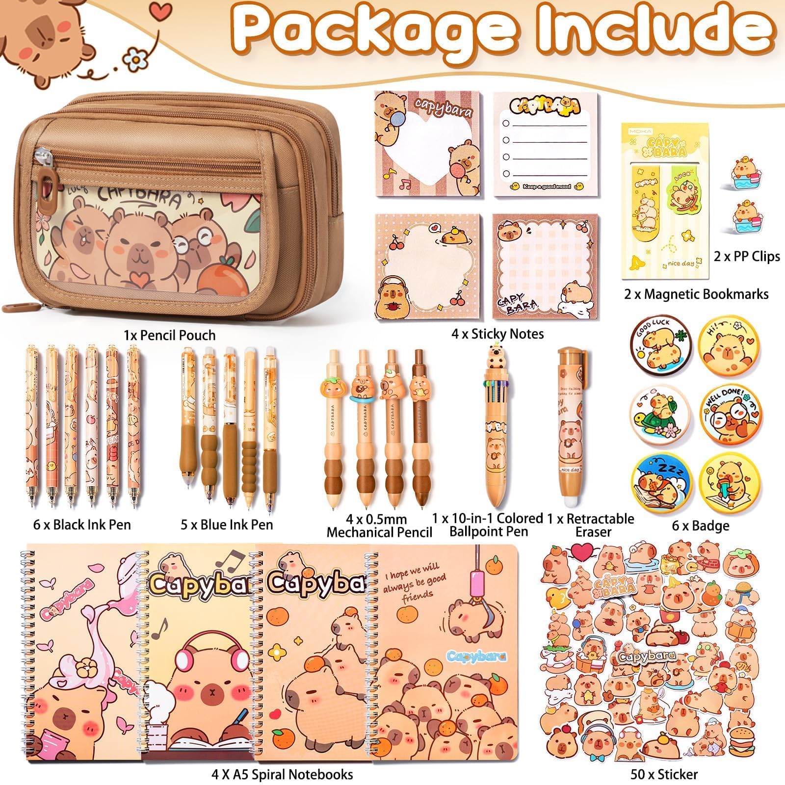 Fimibuke School Supplies 36PCS Cute Capybara Stationery Set with Pencil Case Gel Pens Pencil Stickers Pins Notebooks Sticky Notes Kawaii Birthday Gifts for Kindergarten Elementary