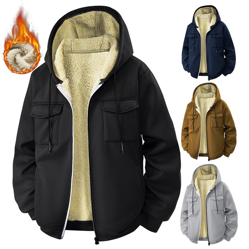 Men's Fleece Hooded Sweater with Warm Lining Multi-Pocket Zipper Closure for Autumn Winter Casual Wear